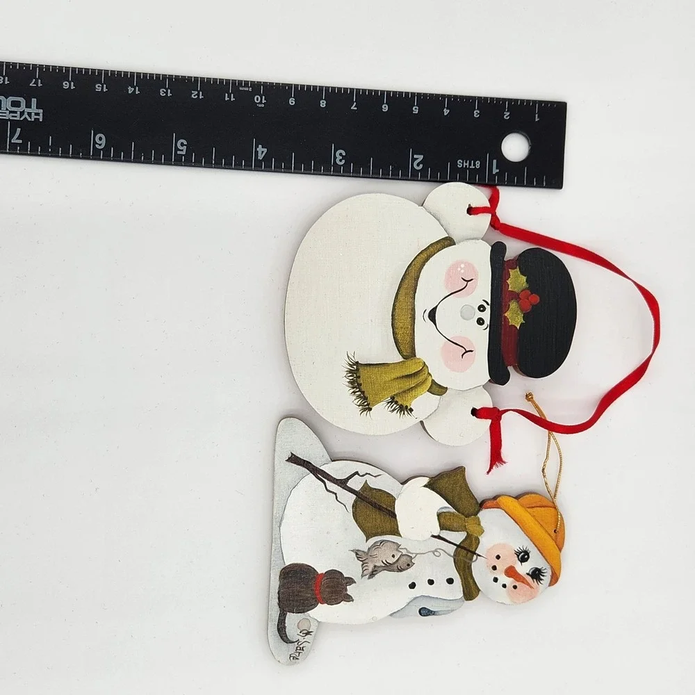 2 Vintage Handpainted Wood Christmas Ornaments Snowman Artist Signed Folk Art